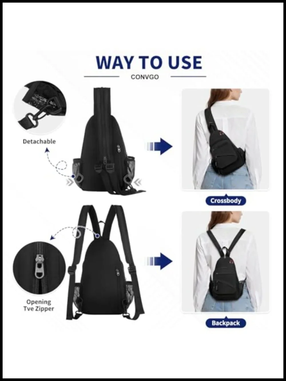 Convertible Sling Bag 3-in-1 Anti-Theft Crossbody Backpack Travel Daypack